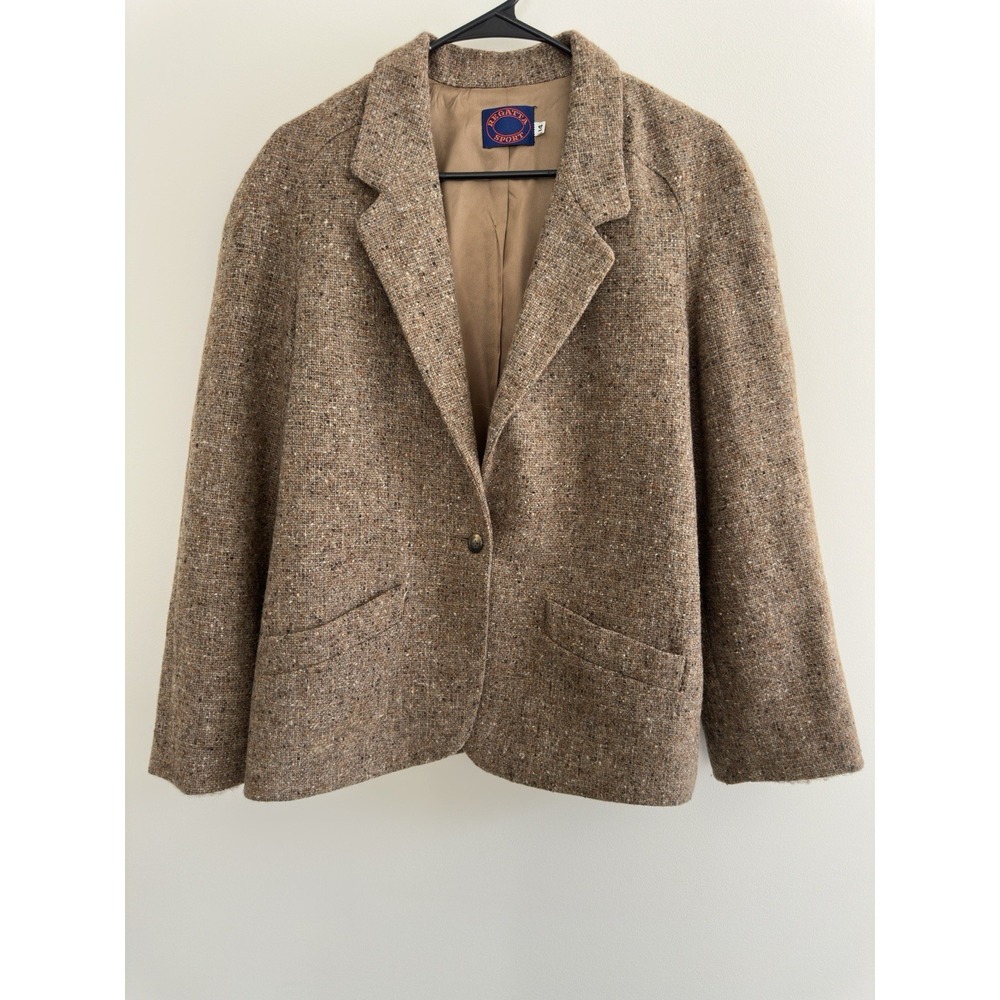 VTG 80s Regatta Sport Wool Blend BrownTweed Blazer Size 12/14 Dolman Sleeve 0125